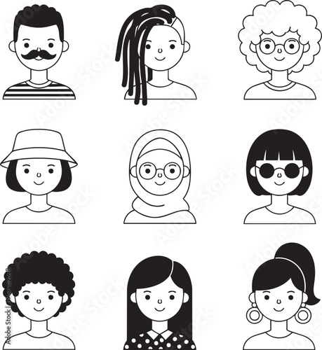 Modern Flat Line Diverse People Avatars and Inclusive Character Icons