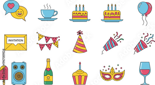 Birthday Party Celebration Icon Set Featuring Cake Balloons Champagne Invitation and Festive Elements for Holiday Event Design Collection