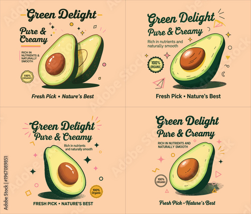 green delight pure and creamy fresh pick nature best organic avocado fruit harvest market design vector illustration artwork