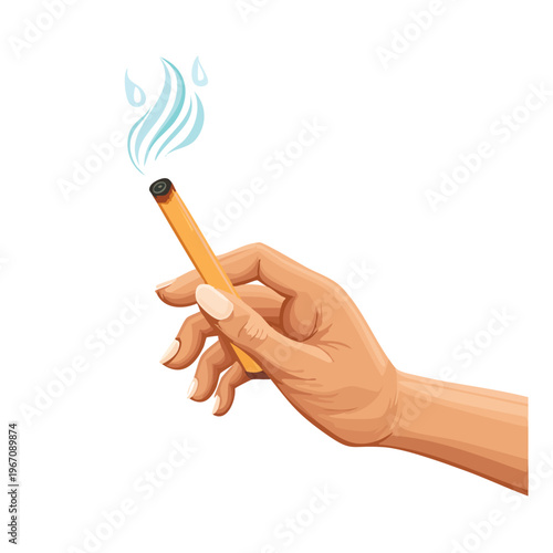 Hand holding lit object with emanating vapor on white background