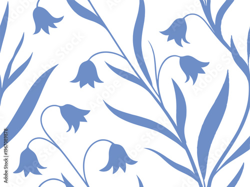 Floral pattern background with blue botanical line art. Elegant leaves and bell flowers create seamless design for wallpaper, textile, and surface  Soft minimal style adds calm aesthetic.