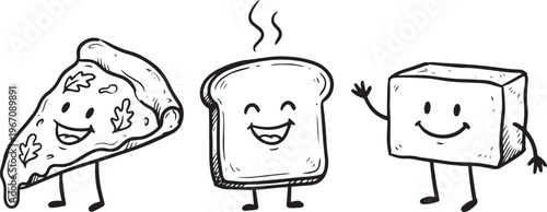 Smiling Pizza Slice, Toast, and Cheese Cube Cartoon Characters