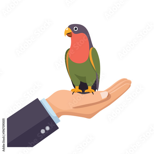 Colorful parrot perched on a human hand vector illustration with white background