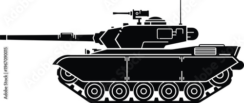 Military tank silhouette, armored combat vehicle illustration, heavy army equipment, war machine design, defense technology, battlefield transport, black white graphic