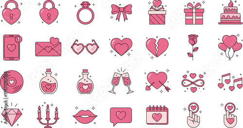 Pink Valentine Love Icon Set Featuring Hearts Gifts Jewelry Champagne and Romantic Symbols for Cute Holiday Design Collection
