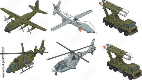 Military aircraft and vehicle illustration set, missile launcher artwork, drone vector graphic, defense technology concept, aerospace combat equipment diagram