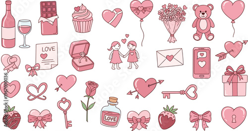 Cute Pink Valentine Love Icon Set Featuring Hearts Gifts Roses Chocolates and Romantic Elements for Holiday Greeting and Design Collection