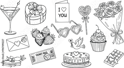 Romantic Valentine Doodle Icon Set Featuring Cake Flowers Gifts Cocktail and Love Elements for Wedding Invitations and Celebration Designs