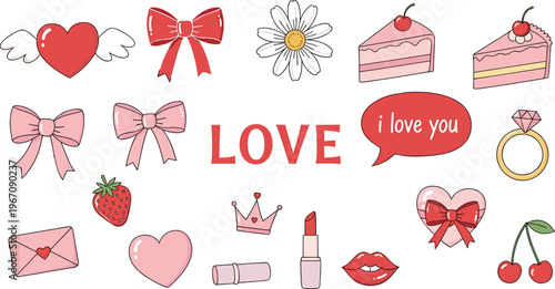 Cute Valentine Love Icon Set Featuring Hearts Bows Cakes Lips Jewelry and Romantic Elements for Greeting Cards and Design