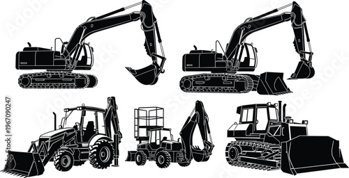 Construction machinery silhouettes, excavator bulldozer loader equipment, heavy industry vehicles, engineering tools, industrial machines, black white illustration, isolated background