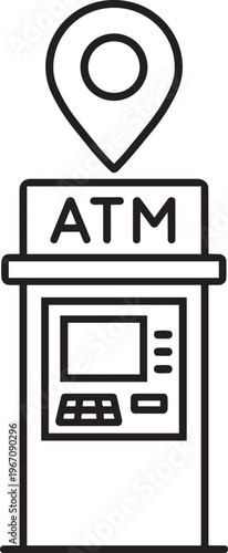 Standalone automated teller machine kiosk for cash withdrawal and deposit linear icon stroke vector graphic design
