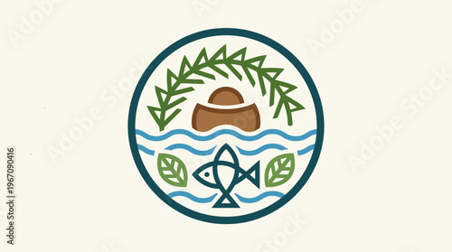 Minimalist Nature Logo with Fish Water and Foliage