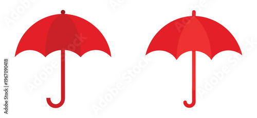 Two vibrant red umbrellas are displayed against a white backdrop showcasing a simple minimalist design silhouette high quality professional detailed modern elegant stylish