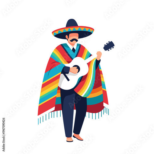 Mexican man in traditional sarape with festive mood playing guitar against white background with copy space
