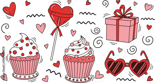Cute Valentine Dessert and Gift Cartoon Icon Set Featuring Cupcakes, Heart Balloon, Sunglasses, Present Box, and Romantic Doodle Elements Collection