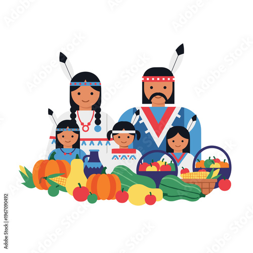 Native American family with joyful mood celebrating harvest festival against white background with copy space