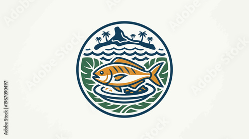 Vintage Fish Restaurant Logo with Island and Greenery