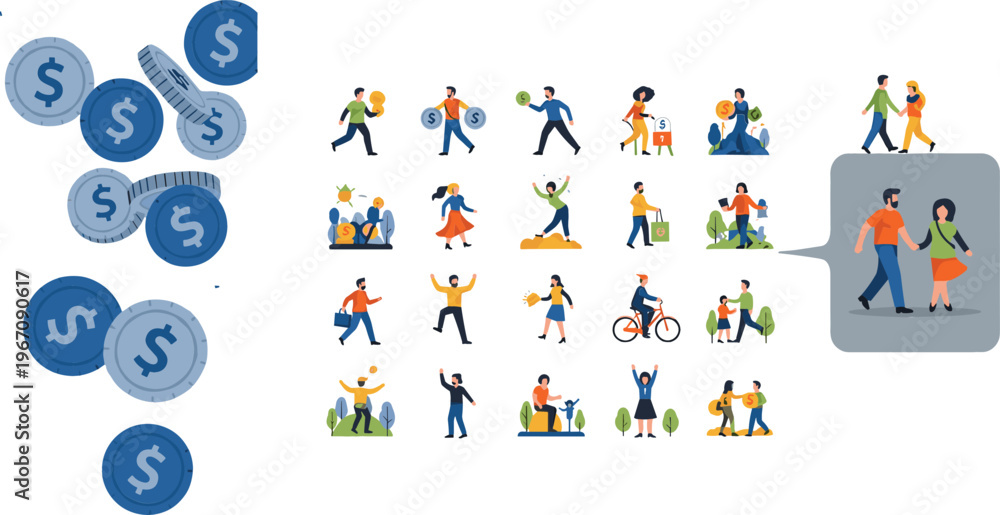 Fototapeta premium Vector illustration set with dollar coins icons and people lifestyle activities including walking, cycling, hiking, teamwork, and outdoor recreation