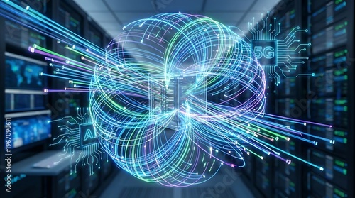  Glowing fiber-optic inspired data flow bursting outward, representing high-speed communication, big data transfer, AI networks, and advanced digital connectivity
