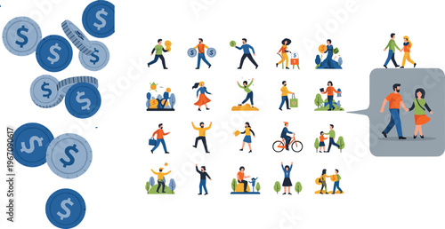Vector illustration set with dollar coins icons and people lifestyle activities including walking, cycling, hiking, teamwork, and outdoor recreation