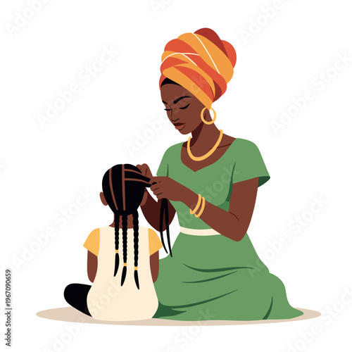 African mother braiding daughter’s hair with caring mood styling braids against beige background with copy space