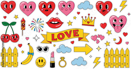 Colorful Love and Pop Art Sticker Icon Set Featuring Hearts, Lips, Crown, Banana, Cherry, Clouds, and Fun Cartoon Elements for Creative Design