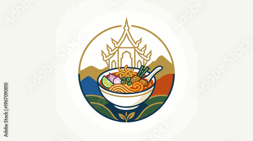 Charming Thai Noodles Bowl with Temple and Mountain Landscape