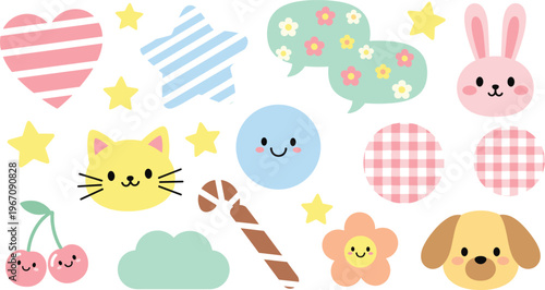 Cute Kawaii Sticker Icon Set Featuring Animals Hearts Stars Clouds and Abstract Shapes for Fun Pastel Cartoon Design Collection