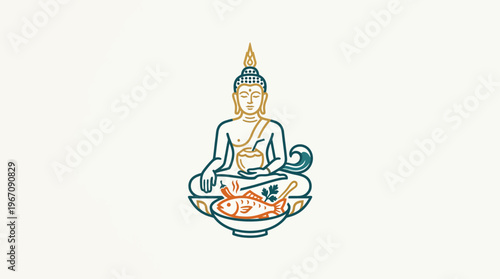 Zen-like Buddha Icon with Fish and Bowl Element