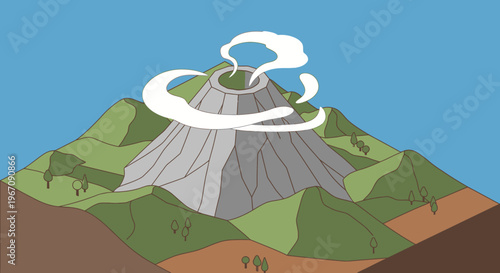 Illustration of a smoking volcano erupting with smoke plumes.