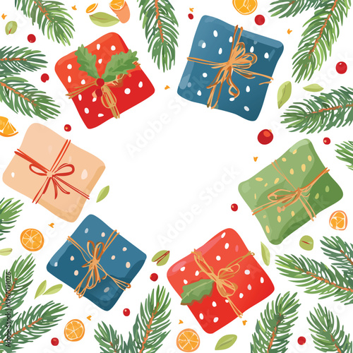 Festive gift boxes with greenery arrangement holiday celebration design