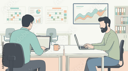 Office workers focused on laptops in a productive workspace illustration