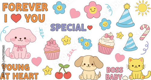 Cute Kawaii Sticker Icon Set Featuring Puppy Cat Cupcakes Flowers Party Hats and Fun Text Elements for Kids Cartoon Design Collection