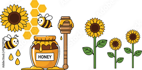 Honey and sunflower vector illustration set with bees, honey jar, honey dipper, honeycomb hexagons, and blooming sunflower flowers