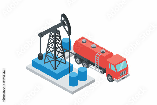 Oil Pump Jack and Fuel Tanker Truck Isometric Illustration