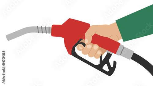 Hand holding red fuel pump nozzle isolated on white