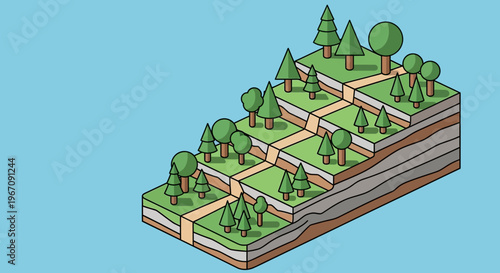 Cross section of layered earth with trees and paths.
