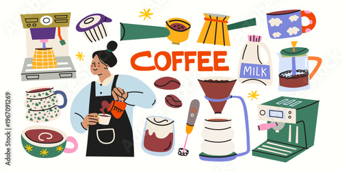 Coffee brewing elements set in flat style. Barista character, coffee drinks, equipment, dripper, kettle and milk. Beverage vector illustration
