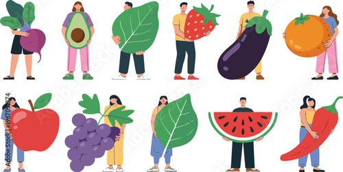 Tiny people carrying fresh vegetables and fruits, promoting healthy organic vegan diet, cartoon vegetarian food vector illustration set