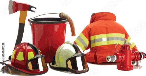 Fire fighting equipment set with cartoon firefighter tools, axe, hose, hydrant, helmet, bucket icons in flat doodle style safety concept vector illustration