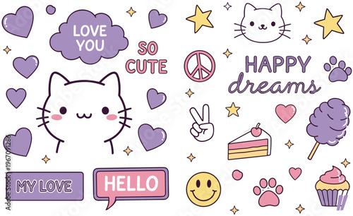 Cute Kawaii Cat Sticker Icon Set Featuring Hearts Stars Text Speech Bubbles and Sweet Elements for Fun Cartoon Design Collection