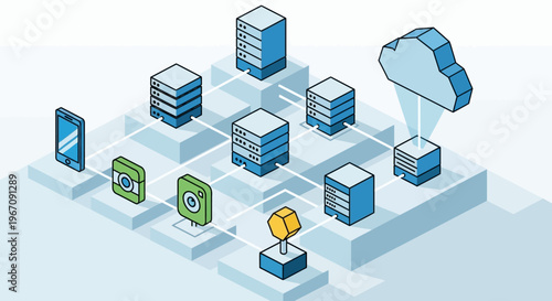 Cloud Computing Network Servers and Devices Isometric Illustration.
