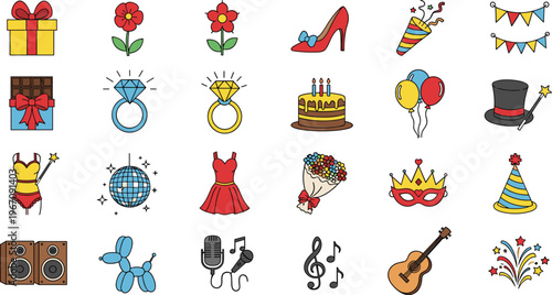 Party Celebration Icon Set Featuring Gifts Balloons Cake Music Dance Accessories and Festive Elements for Birthday Event Design Collection