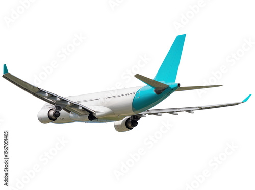 Foto Modern passenger airplane with turquoise tail and wingtips, captured in flight,