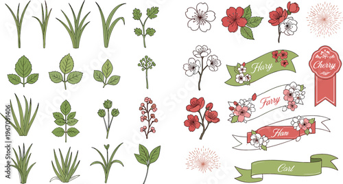 Botanical vector illustration set with green plants, grass leaves, cherry blossom flowers, and decorative floral ribbon banners collection