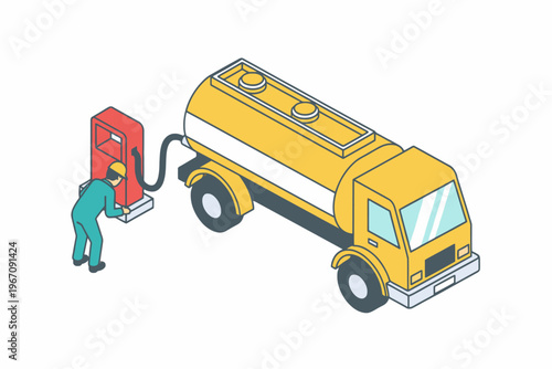 Tanker truck refilling fuel at gas pump with worker isometric