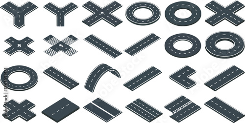 Isometric road and cartoon highway 3D construction kit with pathways, pedestrian elements, crosswalks, turns, and circle segments, vector isolated set