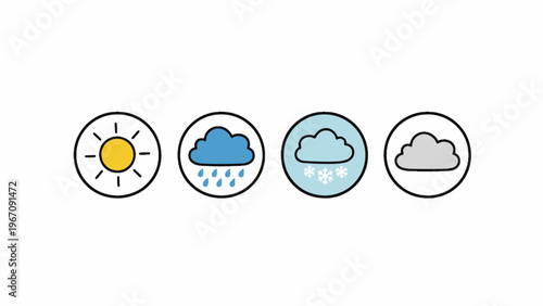 Weather icon set with sun rain snow and clouds in circles
