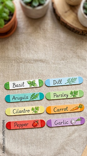 Colorful Hand-Painted Wooden Garden Markers for Herbs and Vegetables on Linen Background