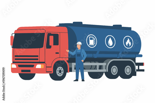 Fuel Tanker Truck with Driver Illustration on White Background